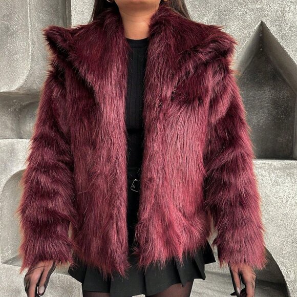Burgundy Casual Women's Ladies Luxury Coat Warm Fluffy faux fur Coat - Picture 8 of 8